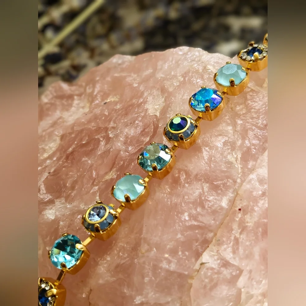 Aquamarine Light Blue Flower Crystals AB In Classic Tennis Gold Plated Bracelet